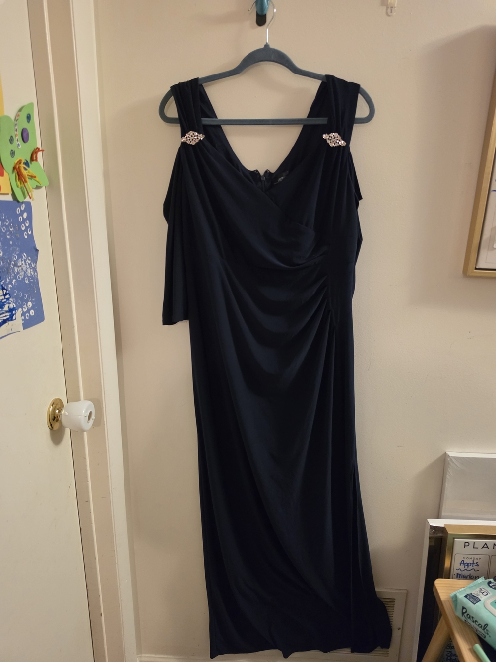 R & M Richards Navy Cold-Shoulder Evening Gown with Brooch Accents